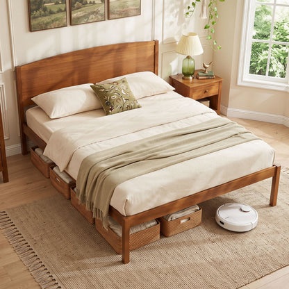 Queen Wooden Platform Bed with Curved Headboard, Walnut