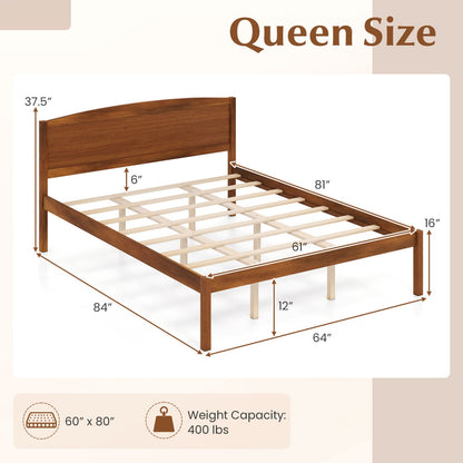 Queen Wooden Platform Bed with Curved Headboard, Walnut
