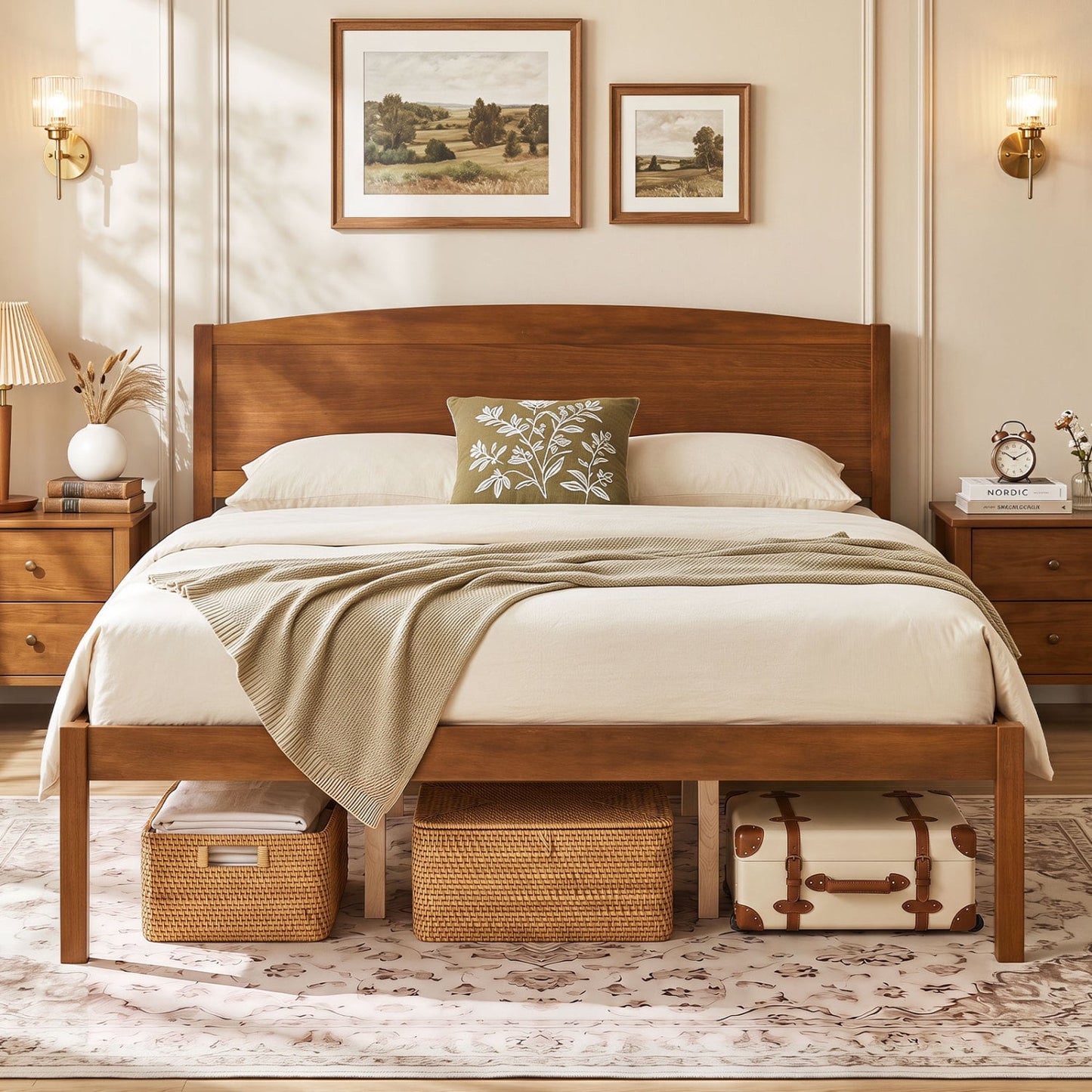 Queen Wooden Platform Bed with Curved Headboard, Walnut