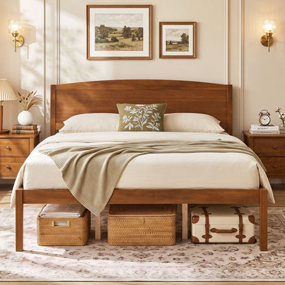 Queen Wooden Platform Bed with Curved Headboard, Walnut