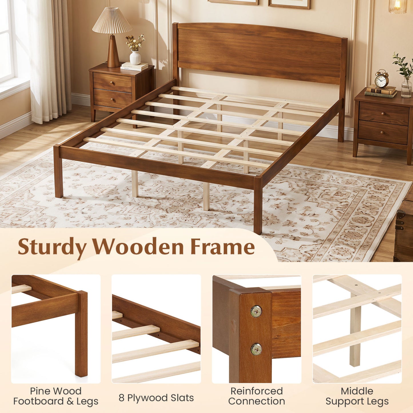 Queen Wooden Platform Bed with Curved Headboard, Walnut