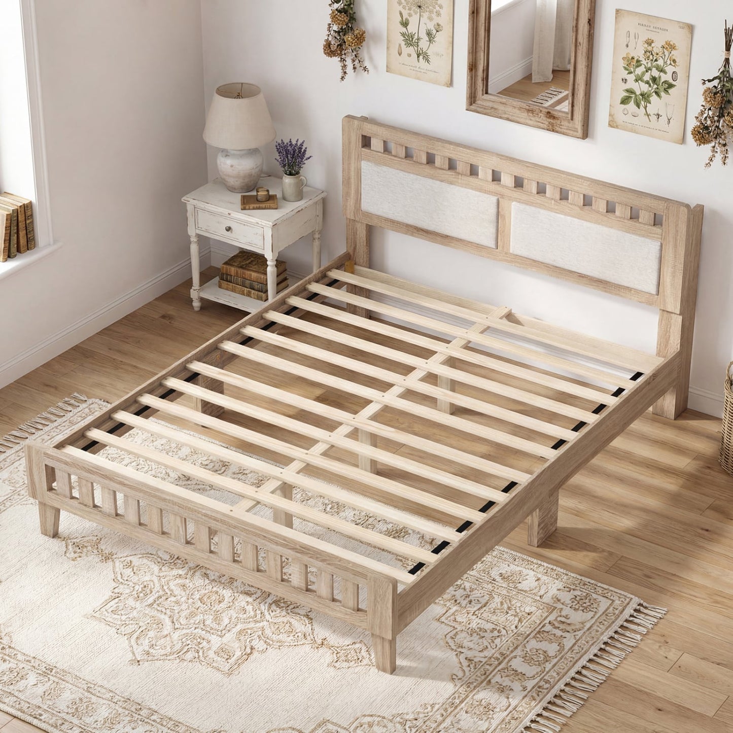 Queen Wood Bed Frame with Upholstered Headboard, Natural Simple Bed Frame at Gallery Canada