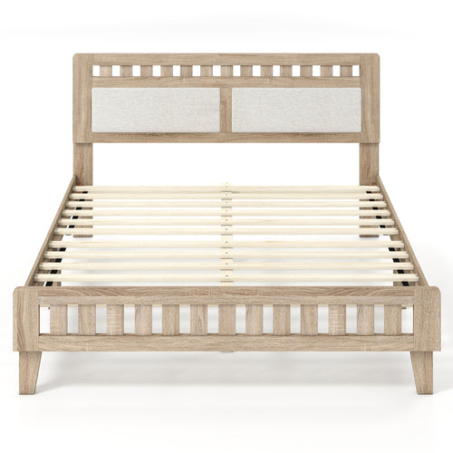 Queen Wood Bed Frame with Upholstered Headboard, Natural