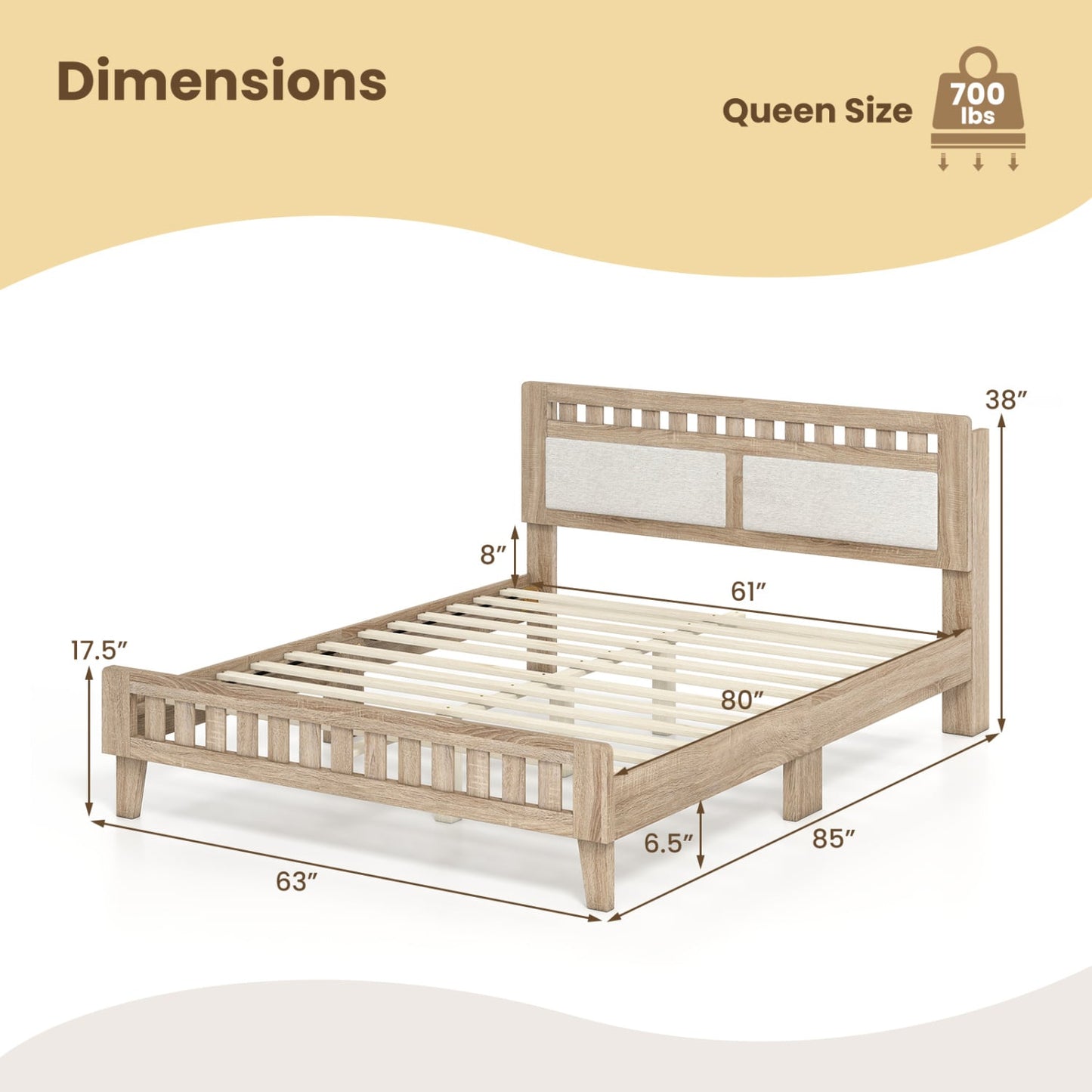 Queen Wood Bed Frame with Upholstered Headboard, Natural Simple Bed Frame at Gallery Canada