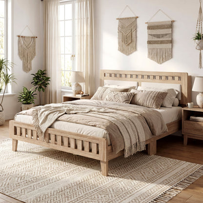 Queen Wood Bed Frame with Upholstered Headboard, Natural Simple Bed Frame at Gallery Canada