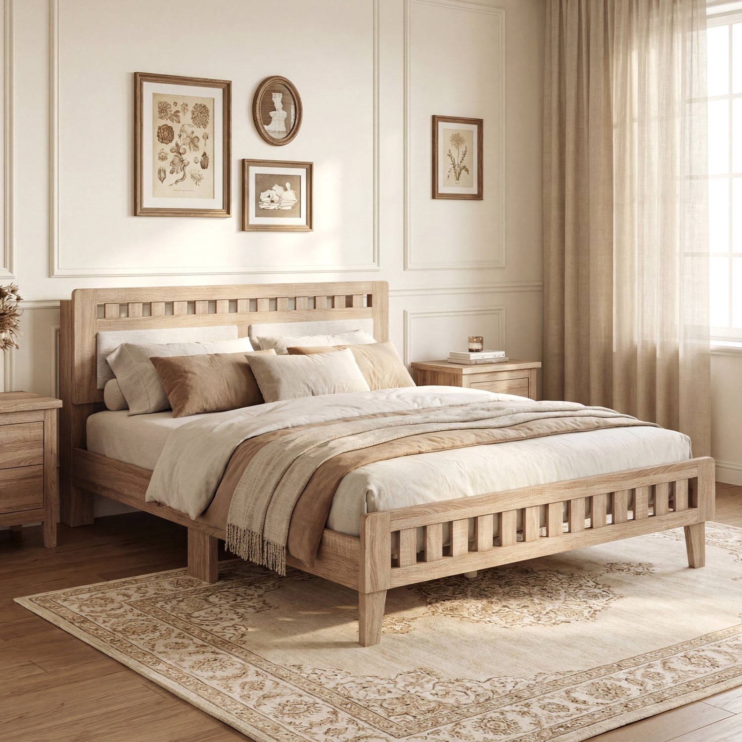 Queen Wood Bed Frame with Upholstered Headboard, Natural Simple Bed Frame at Gallery Canada