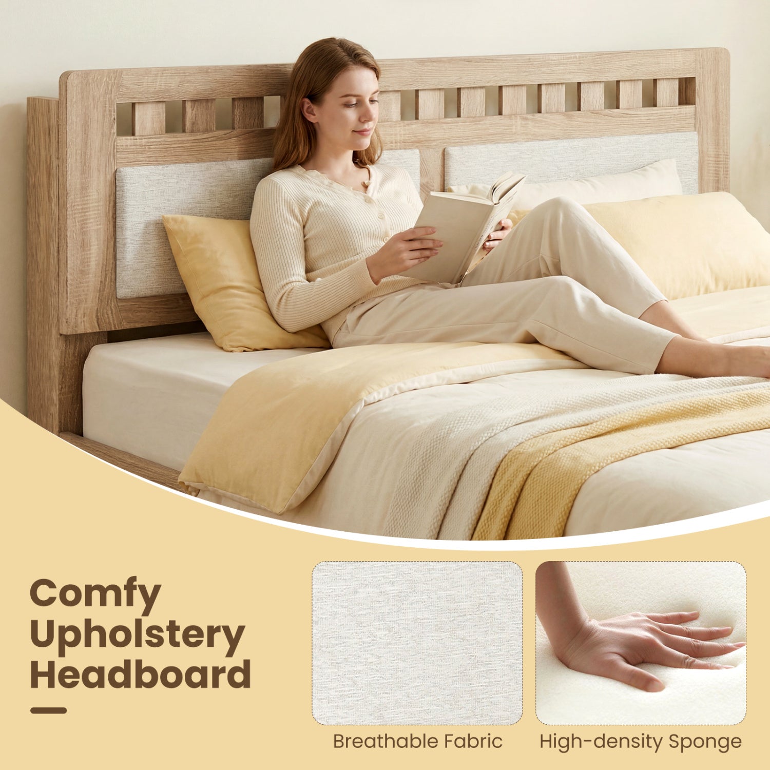 Queen Wood Bed Frame with Upholstered Headboard, Natural Simple Bed Frame at Gallery Canada