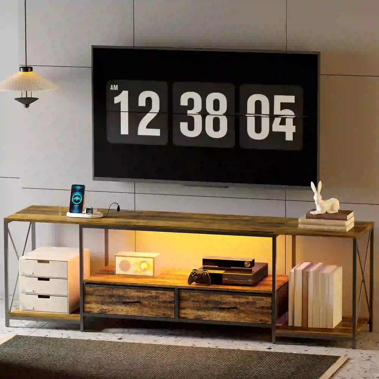 Industrial TV Stand For 60 Inch TV, Rustic Brown, With Charging Station And RGB LED Lights, Brown TV Stands at Gallery Canada