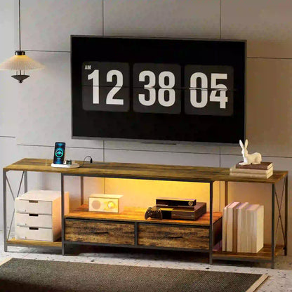 Industrial TV Stand For 60 Inch TV, Rustic Brown, With Charging Station And RGB LED Lights, Brown TV Stands at Gallery Canada