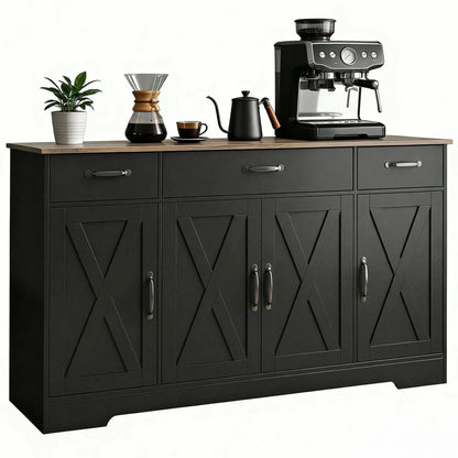 55" Sideboard Buffet Cabinet, Farmhouse Kitchen, 4 Barn Doors, 3 Drawers, Black Bar Cabinets at Gallery Canada