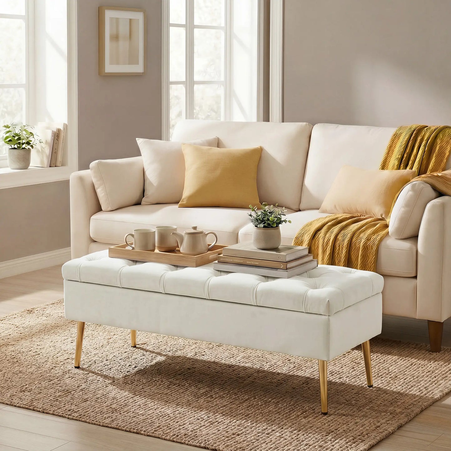 Upholstered Bedroom Bench with Gold Tone Metal Legs, Velvet Tufted and Thick Padding, Beige