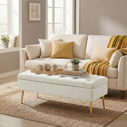 Upholstered Bedroom Bench with Gold Tone Metal Legs, Velvet Tufted and Thick Padding, Beige