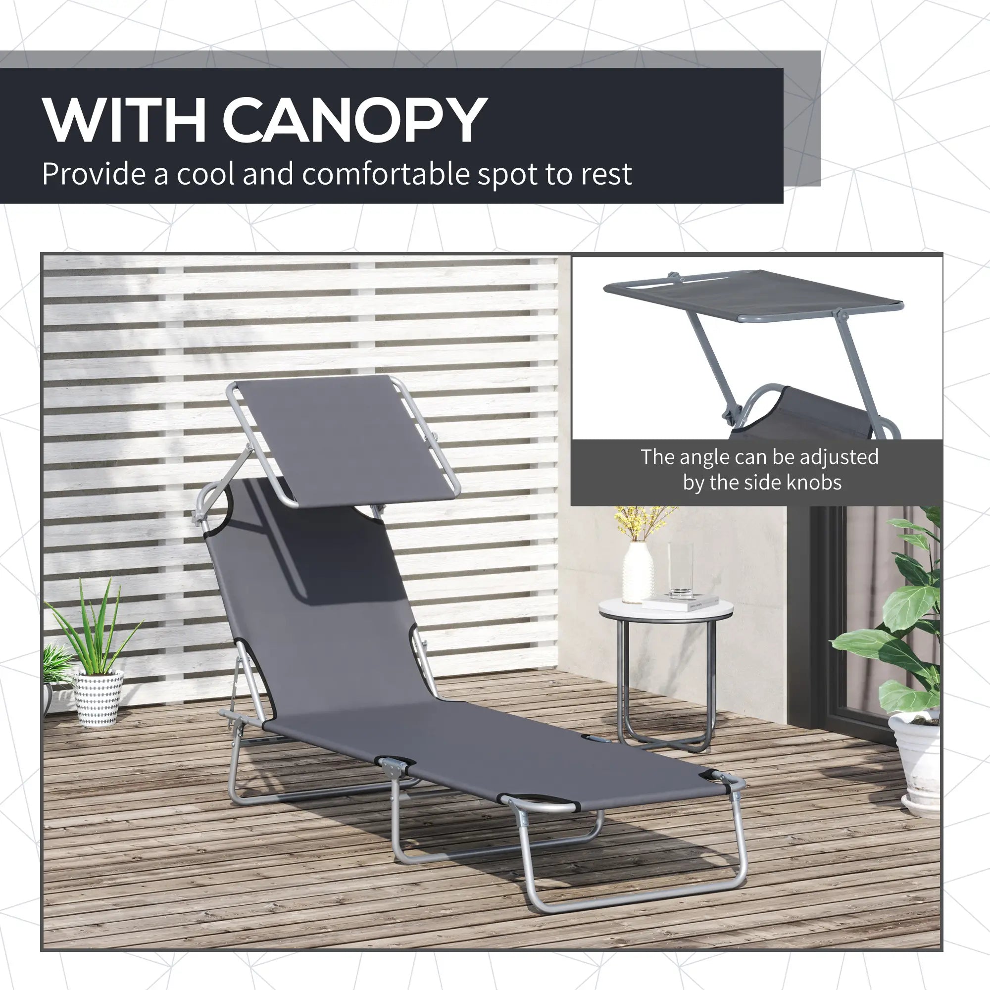 Outdoor Lounge Chair, Adjustable Folding Chaise, Tanning Chair with Shade, Grey Lounger Chairs at Gallery Canada