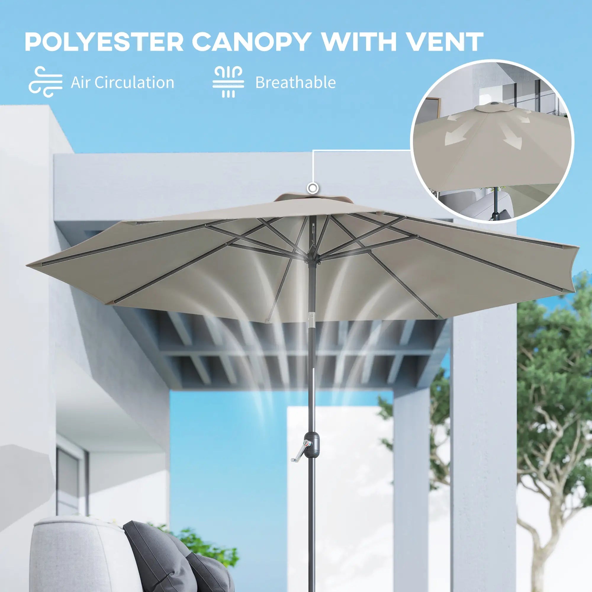 10' x 8' Round Patio Umbrella, Crank Handle, Tilt, Light Grey Sun Umbrellas at Gallery Canada