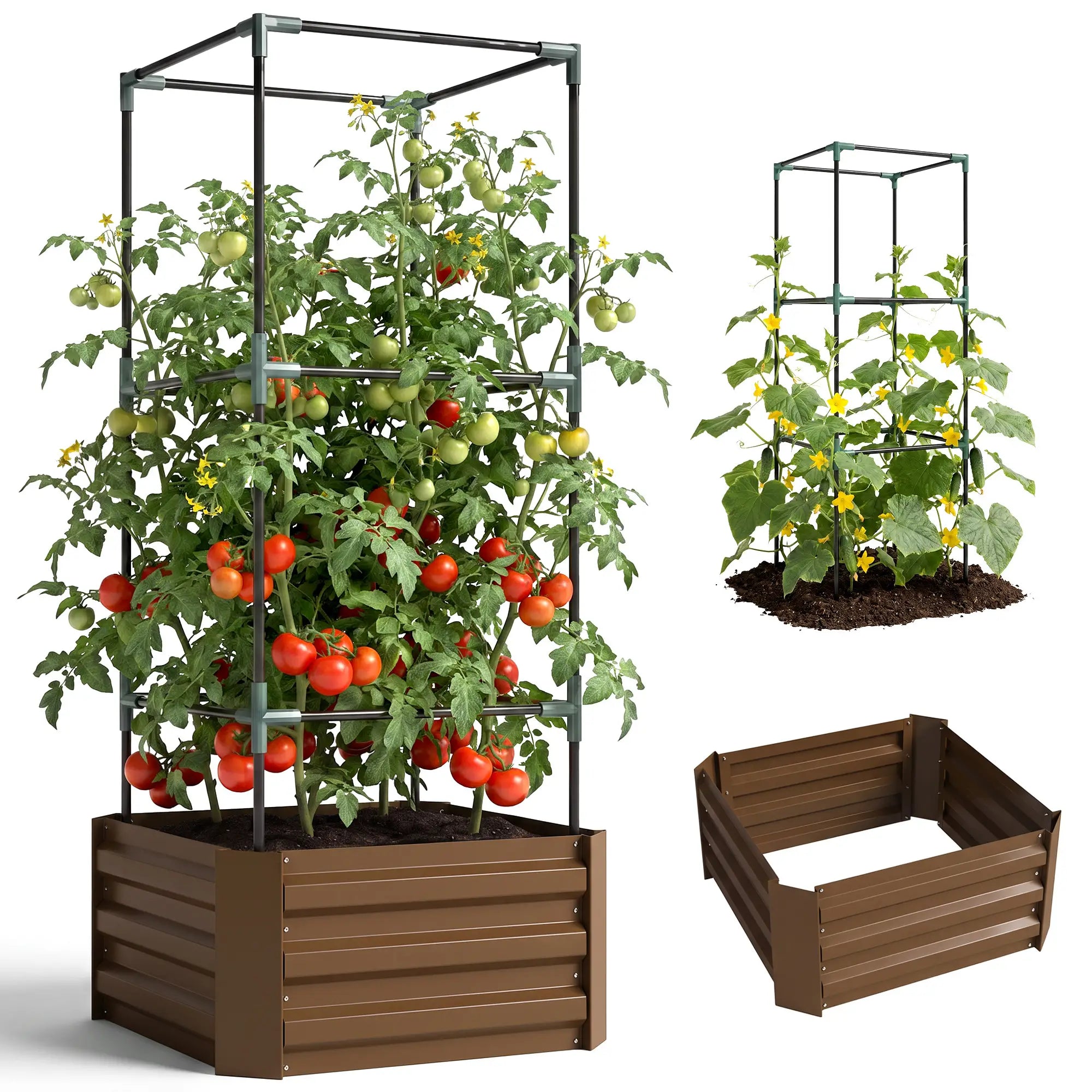 Galvanized Planter Box, Outdoor Raised Garden Bed with 3-Tier Trellis Tomato Cage for Climbing Vines, Vegetables, Brown Galvanized Planter Boxes at Gallery Canada