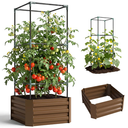 Galvanized Planter Box, Outdoor Raised Garden Bed with 3-Tier Trellis Tomato Cage for Climbing Vines, Vegetables, Brown Galvanized Planter Boxes at Gallery Canada