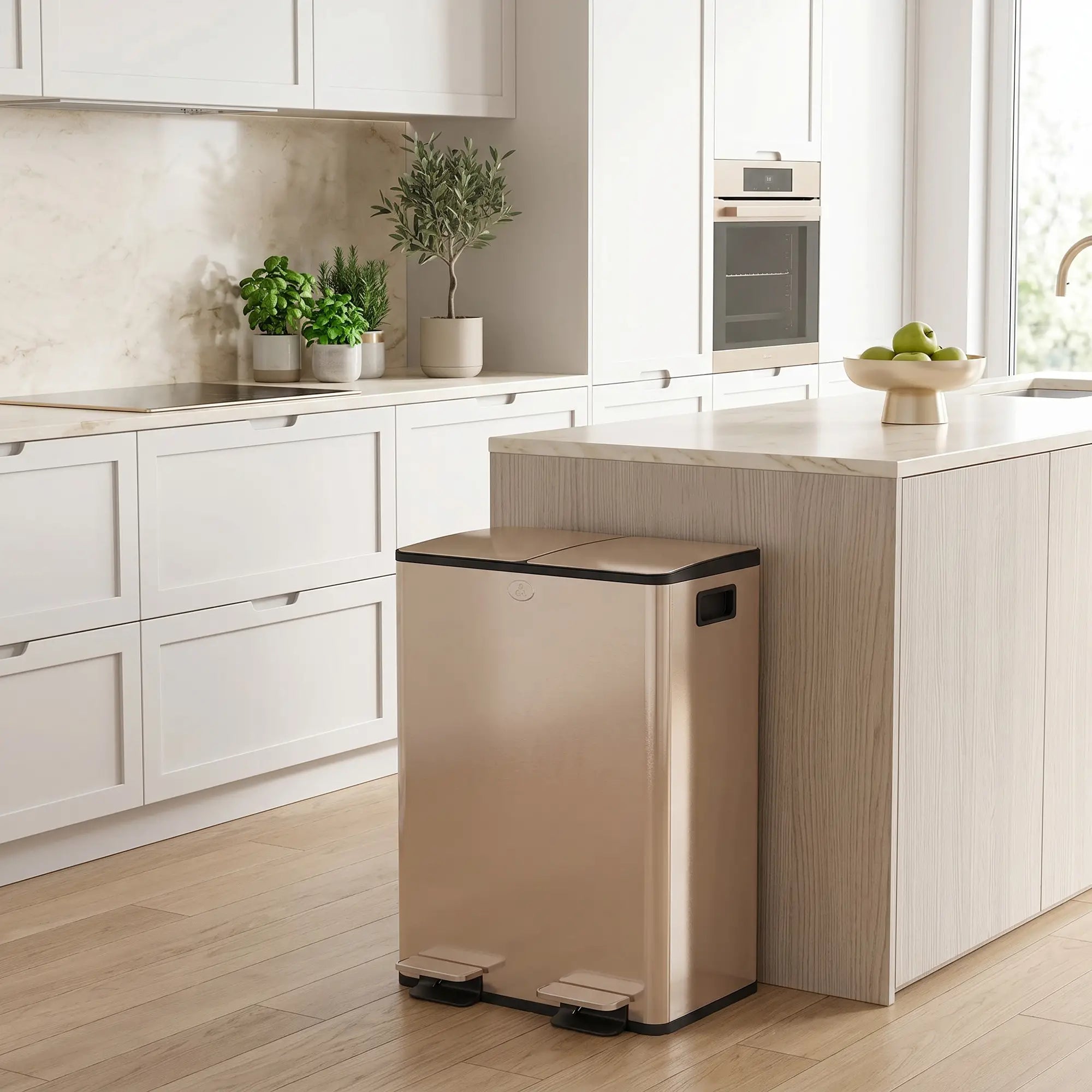 Dual Garbage Bin, Soft-Close Trash Can with Foot Pedal, 2 x 28 Liter Garbage Can with Removable Inner Buckets, Gold Household Supplies at Gallery Canada