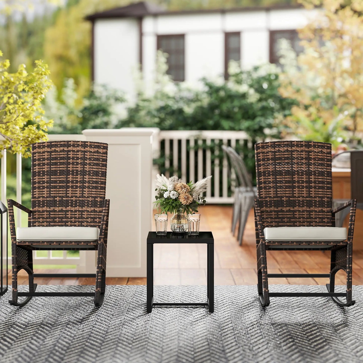 3 Piece Rocking Bistro Set, Wicker Patio Furniture, White Bistro Sets at Gallery Canada