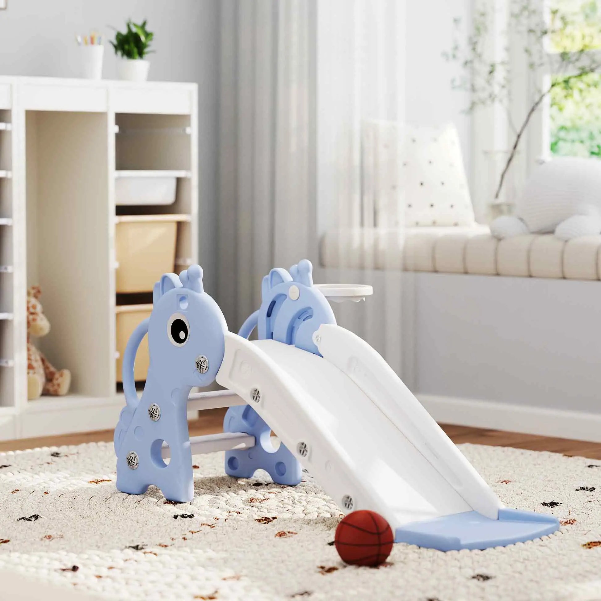 3 In 1 Toddler Slide, Climber, Basketball Hoop, Giraffe Design, Blue Gym Sets & Swings at Gallery Canada