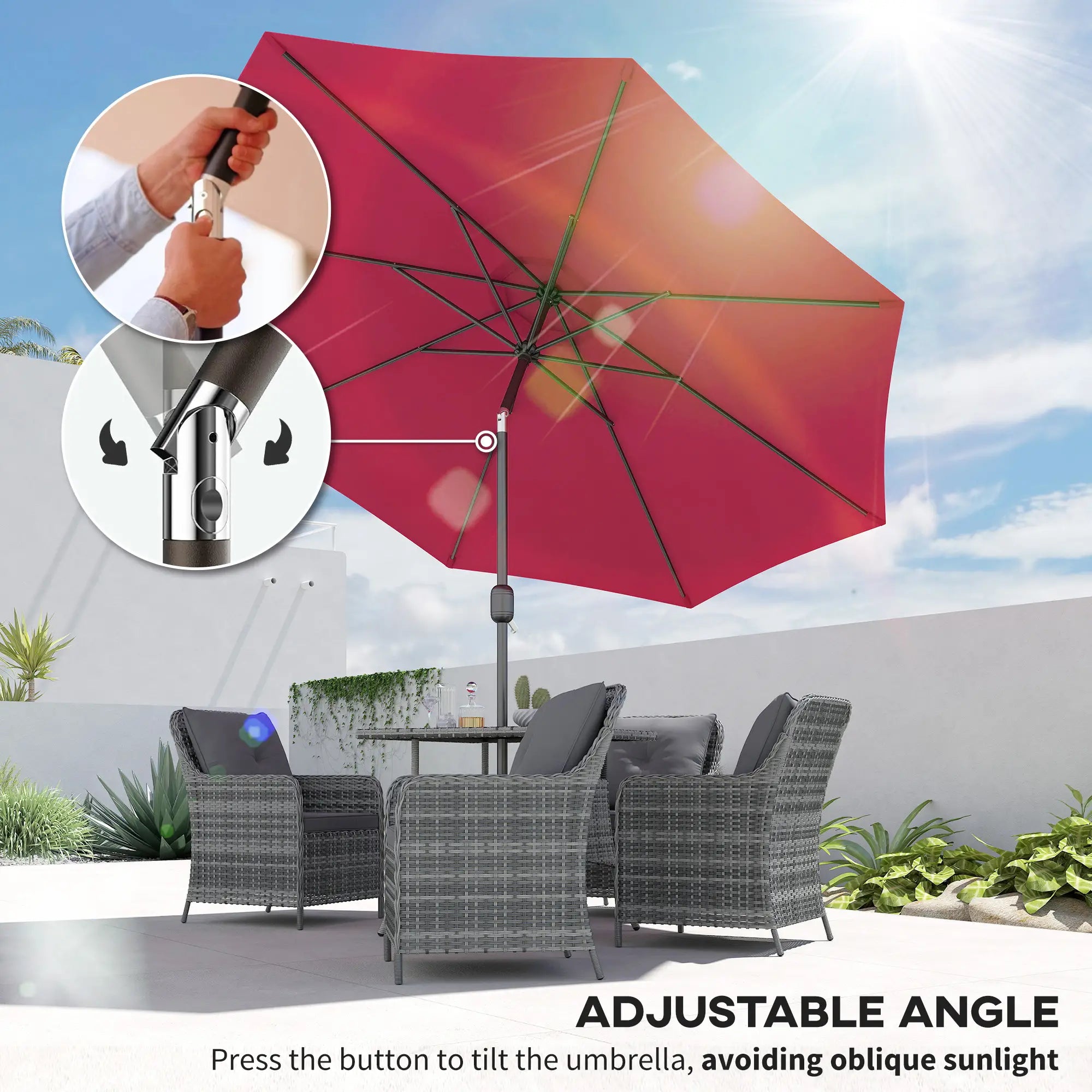 10' x 8' Round Market Umbrella, Crank Handle, Tilt, Wine Red Sun Umbrellas at Gallery Canada