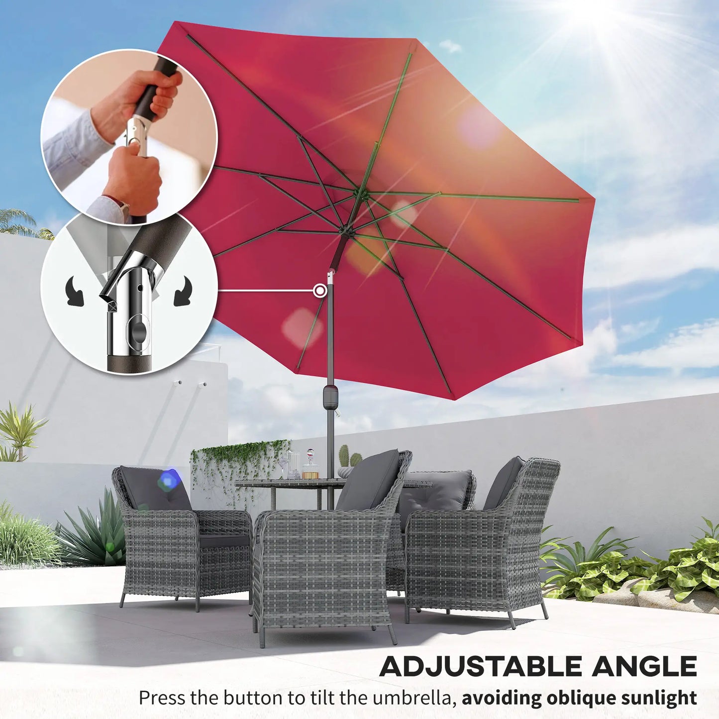 10' x 8' Round Market Umbrella, Crank Handle, Tilt, Wine Red Sun Umbrellas at Gallery Canada