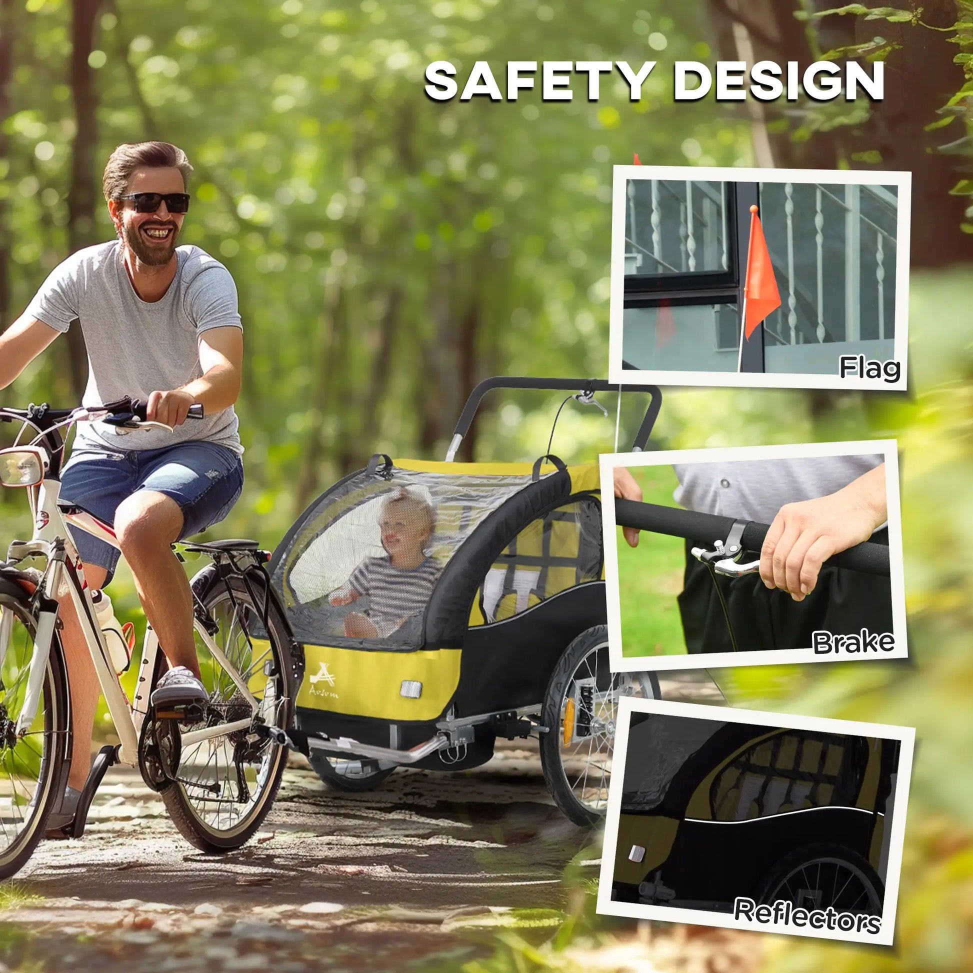 2-in-1 Bike Trailer, Foldable 2-Seat Stroller, 5-Point Harness, Yellow Kids Bike Trailers at Gallery Canada