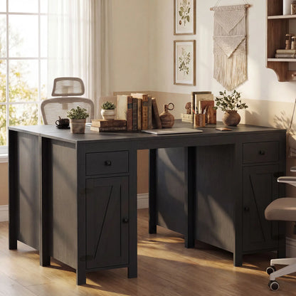 53" Farmhouse Executive Desk, Computer Desk With Drawers, Black Wood Grain, Black Writing Desks at Gallery Canada