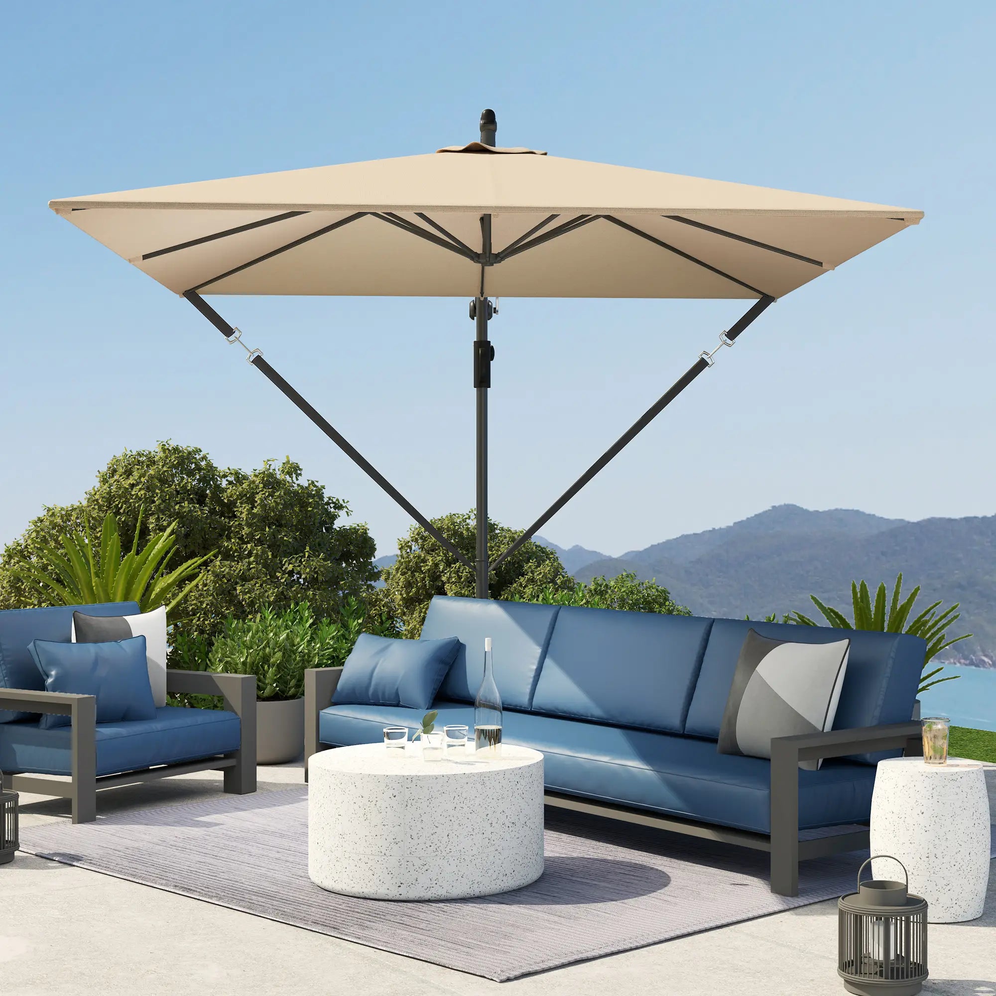 Patio Offset Umbrella, UPF 50+ UV Protection, Crank Parasol With Base, Khaki Offset Cantilever Umbrellas at Gallery Canada