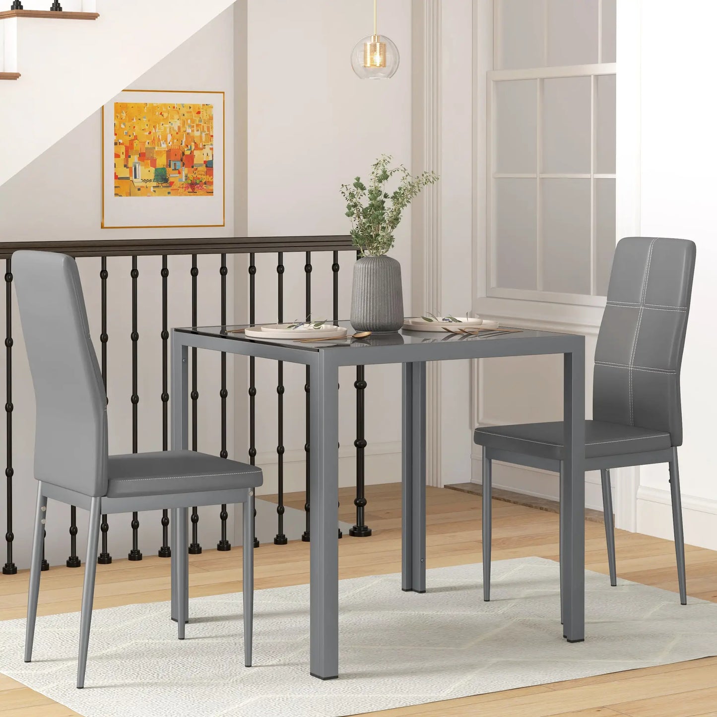 3-Piece Rectangular Glass Dining Table, Metal Frame, Faux Leather Chairs, Grey Bar Sets at Gallery Canada