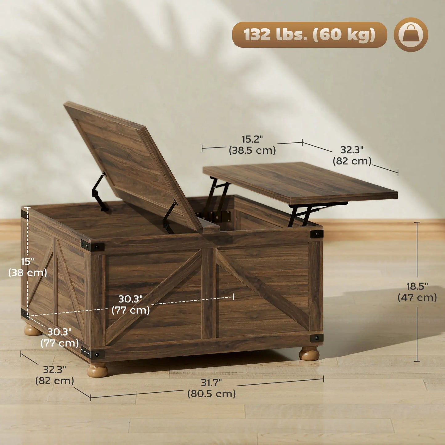 Lift Top Coffee Table, 32" Farmhouse Style, Hidden Compartment, Brown Wood Grain, Brown Coffee Tables at Gallery Canada