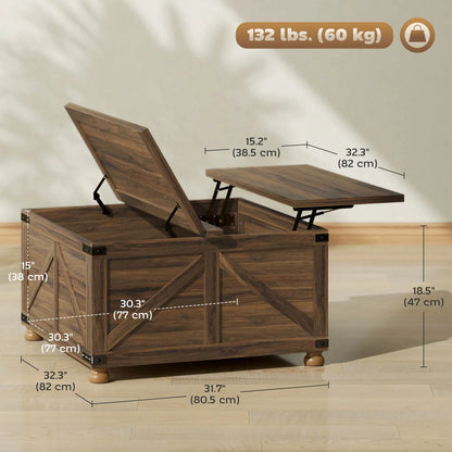 Lift Top Coffee Table, 32" Farmhouse Style, Hidden Compartment, Brown Wood Grain, Brown Coffee Tables at Gallery Canada