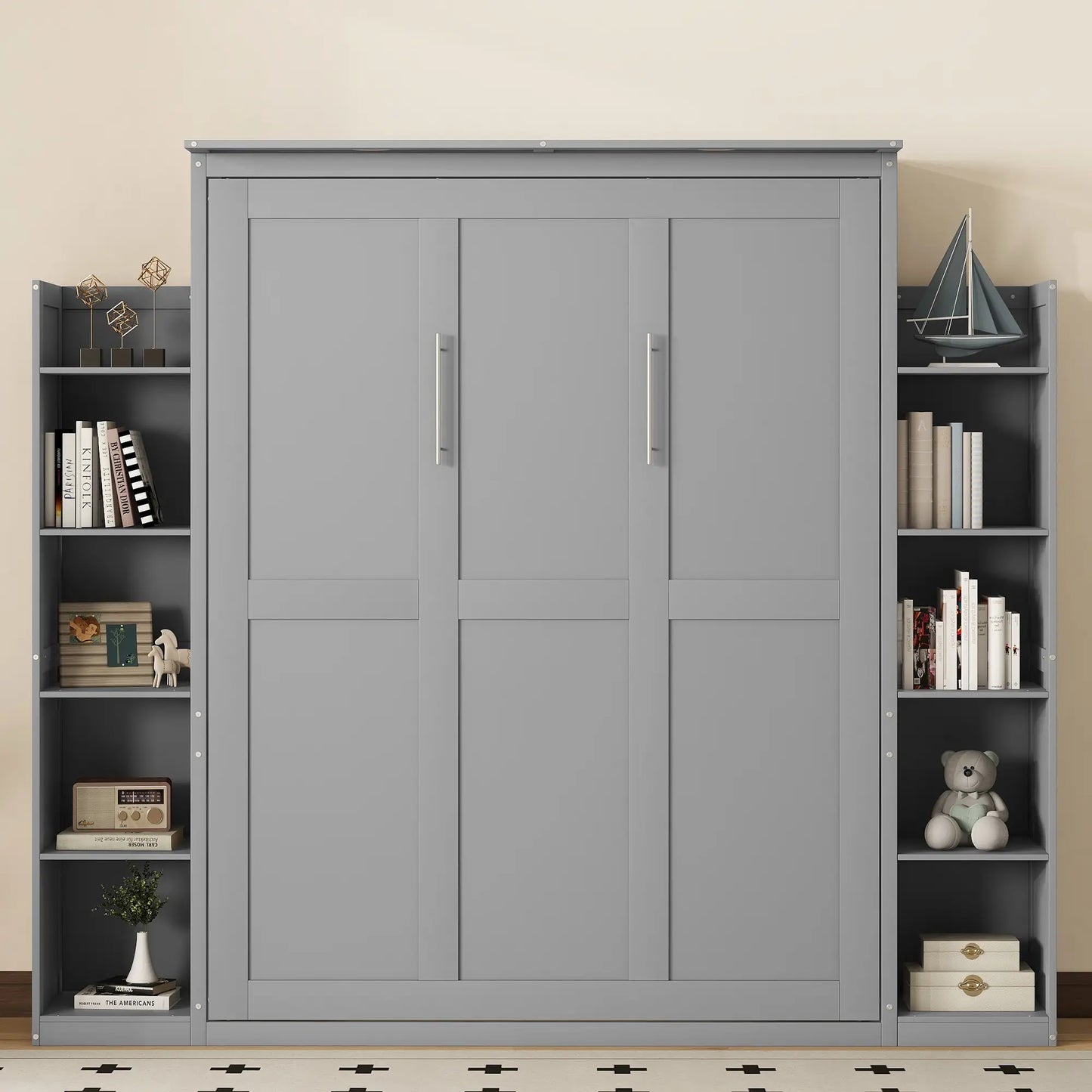 Murphy Bed with Shelves, LED Lights, 97.5" L x 84.5" W x 88.5" H, Grey Bed Frames at Gallery Canada