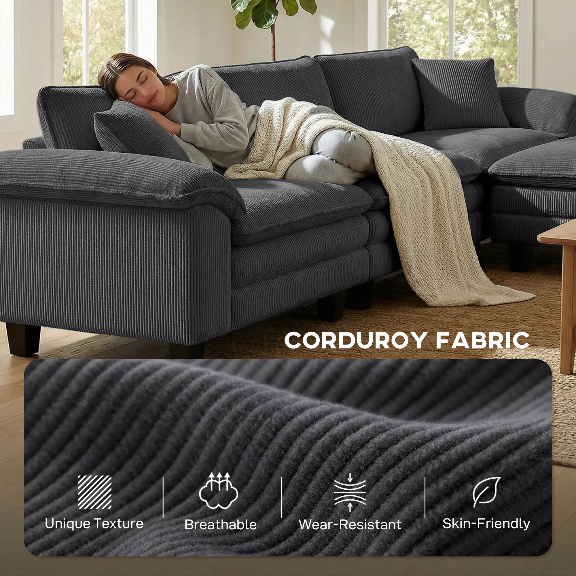L-Shaped Sectional Sofa, Movable Ottoman, Pillow-Top Armrests, Dark Grey 3-Seater Sofas at Gallery Canada