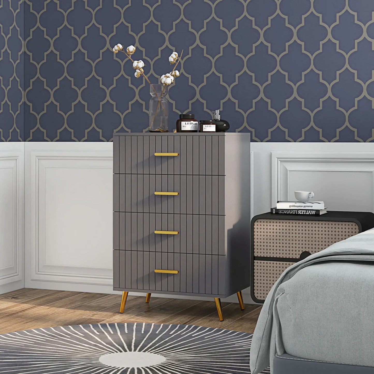 4 Drawer Cabinet, Bedroom Chest, Aluminium Legs, Gold Handles, Dark Grey Storage Cabinets at Gallery Canada