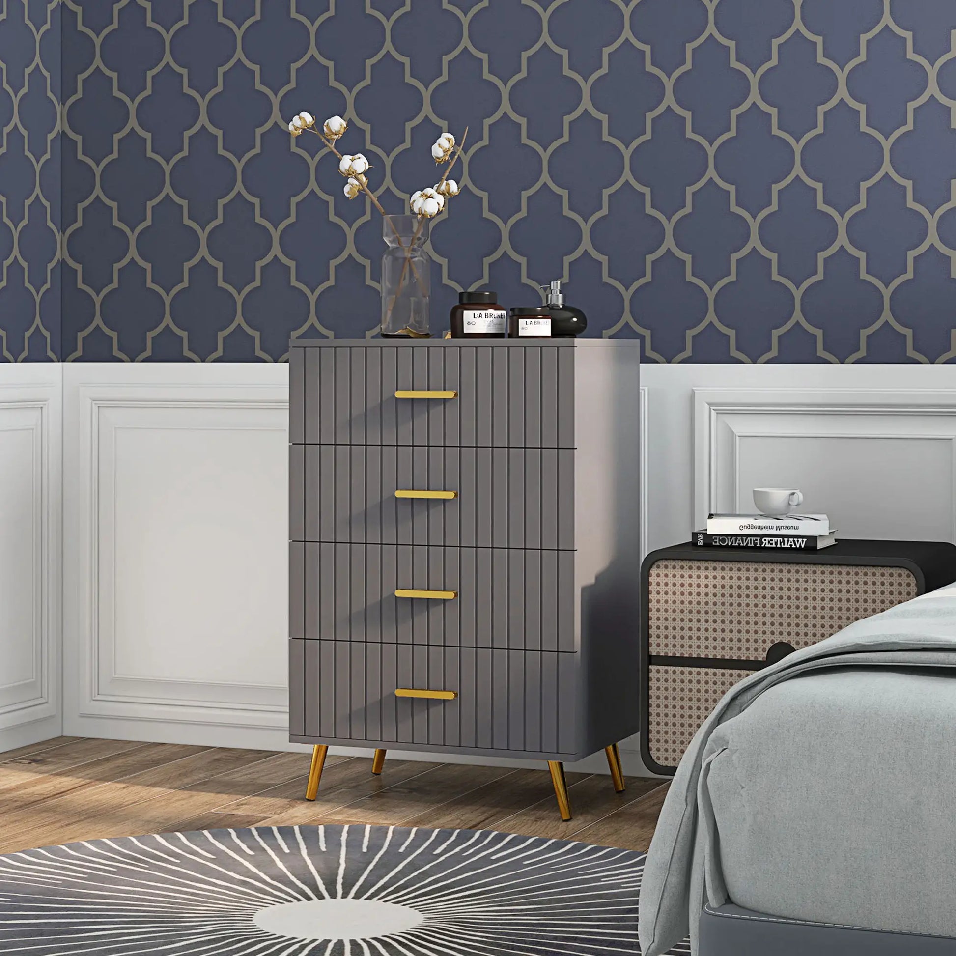 4 Drawer Cabinet, Bedroom Chest, Aluminium Legs, Gold Handles, Dark Grey Storage Cabinets at Gallery Canada