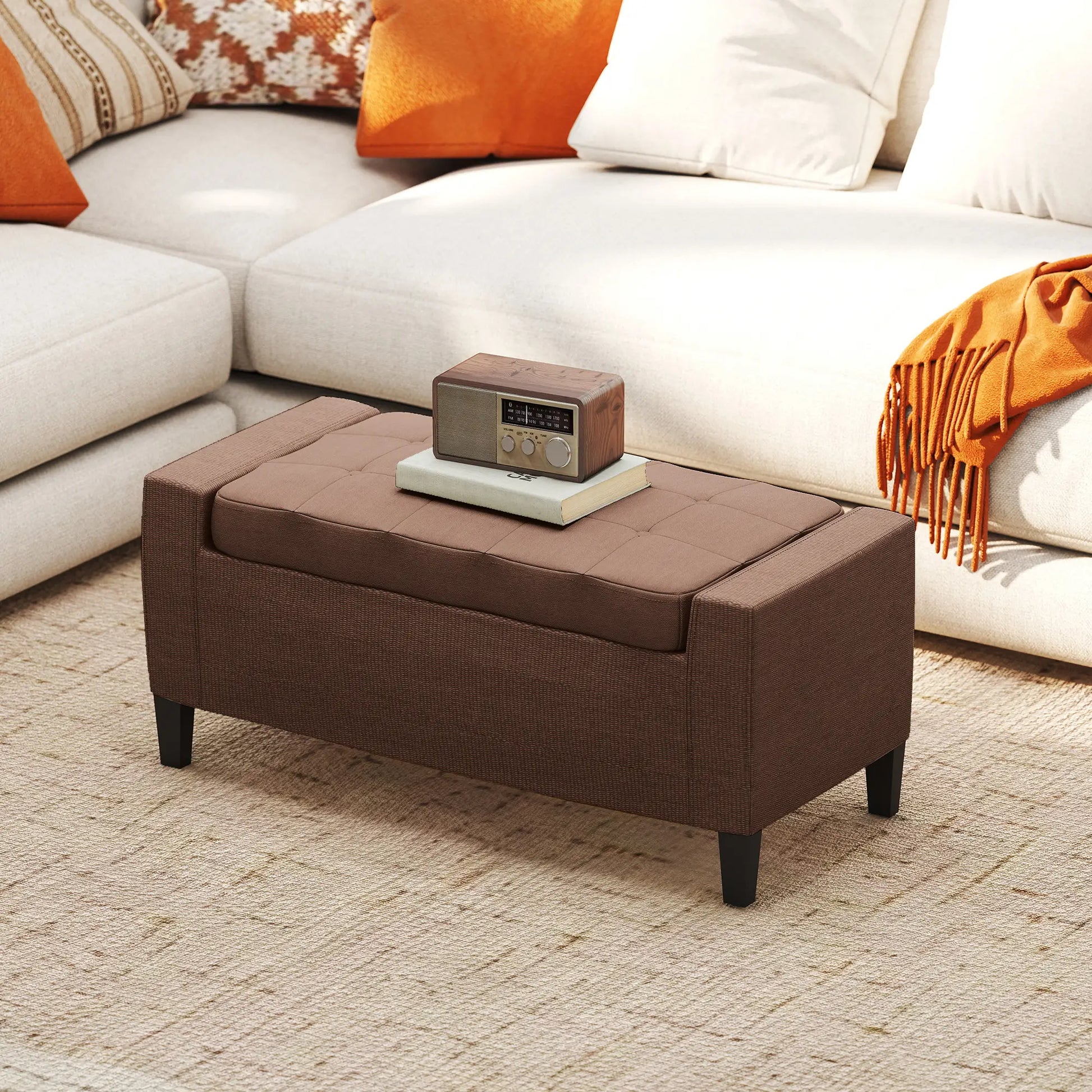 Storage Ottoman Bench, Linen Upholstered, Tufted, Brown Storage Ottomans & Benches at Gallery Canada