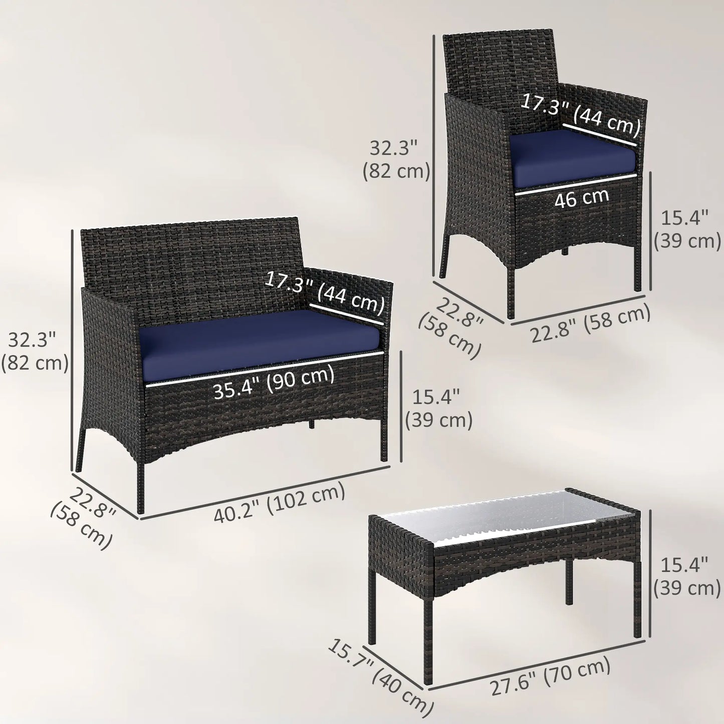 4-Piece Wicker Patio Furniture Set, Glass Coffee Table, Navy Blue Patio Furniture Sets at Gallery Canada