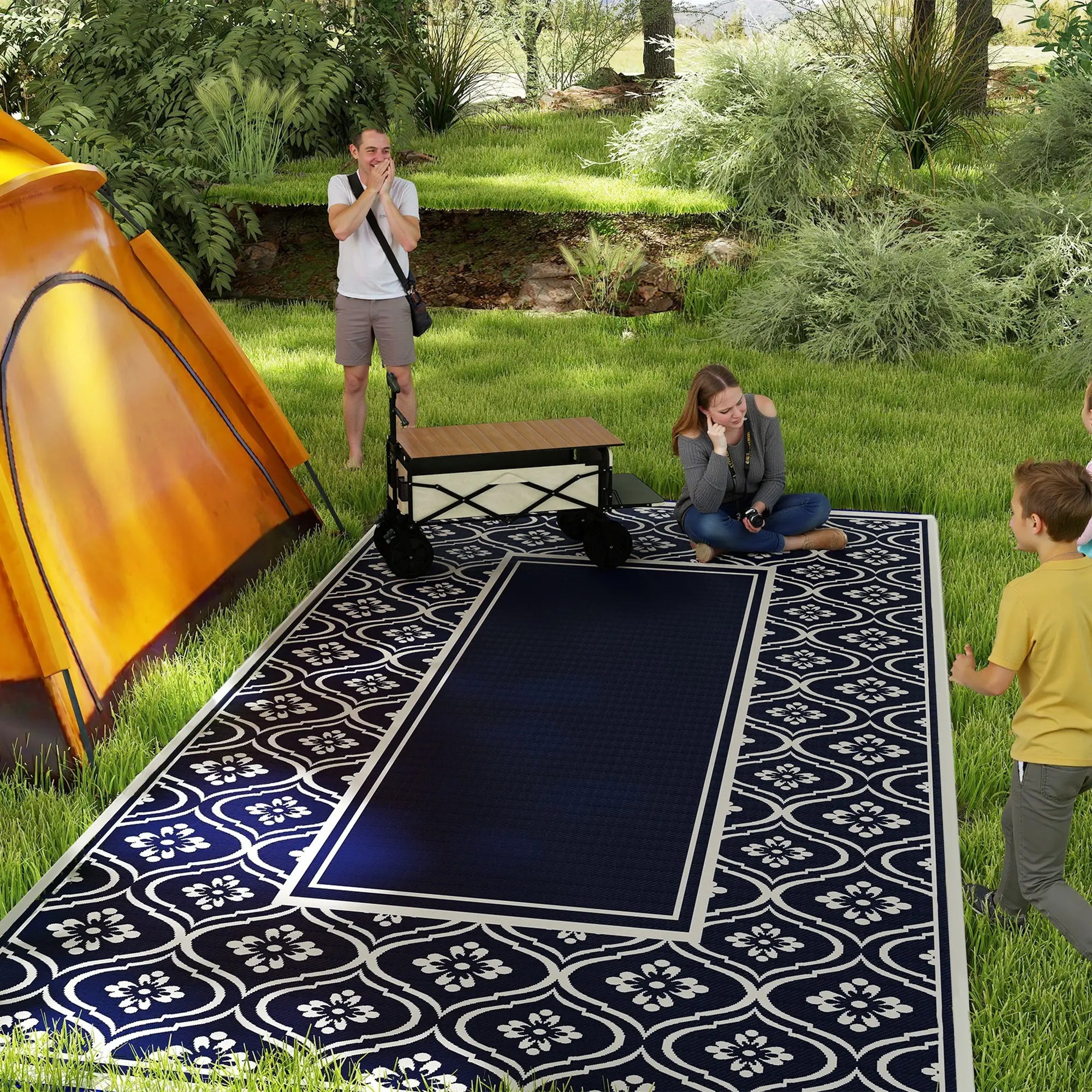 9' x 18' Outdoor RV Rug, Reversible, Gourd Border, White, Blue Garden Decor at Gallery Canada