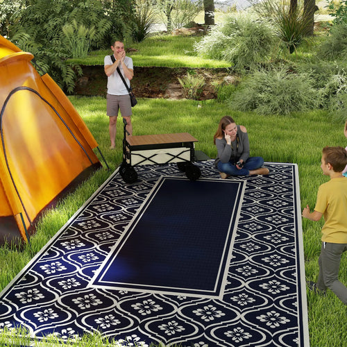 9' x 18' Outdoor RV Rug, Reversible, Gourd Border, White, Blue