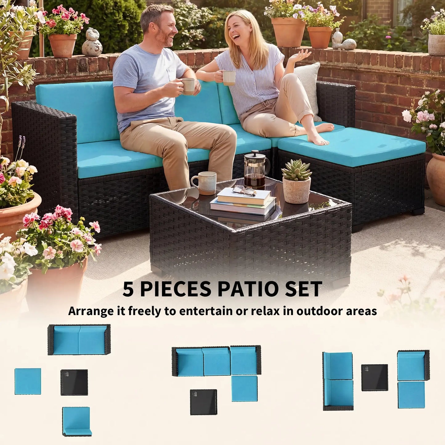 5 Piece Patio Furniture Set, L-Shape Wicker Sectional, Turquoise Patio Furniture Sets at Gallery Canada