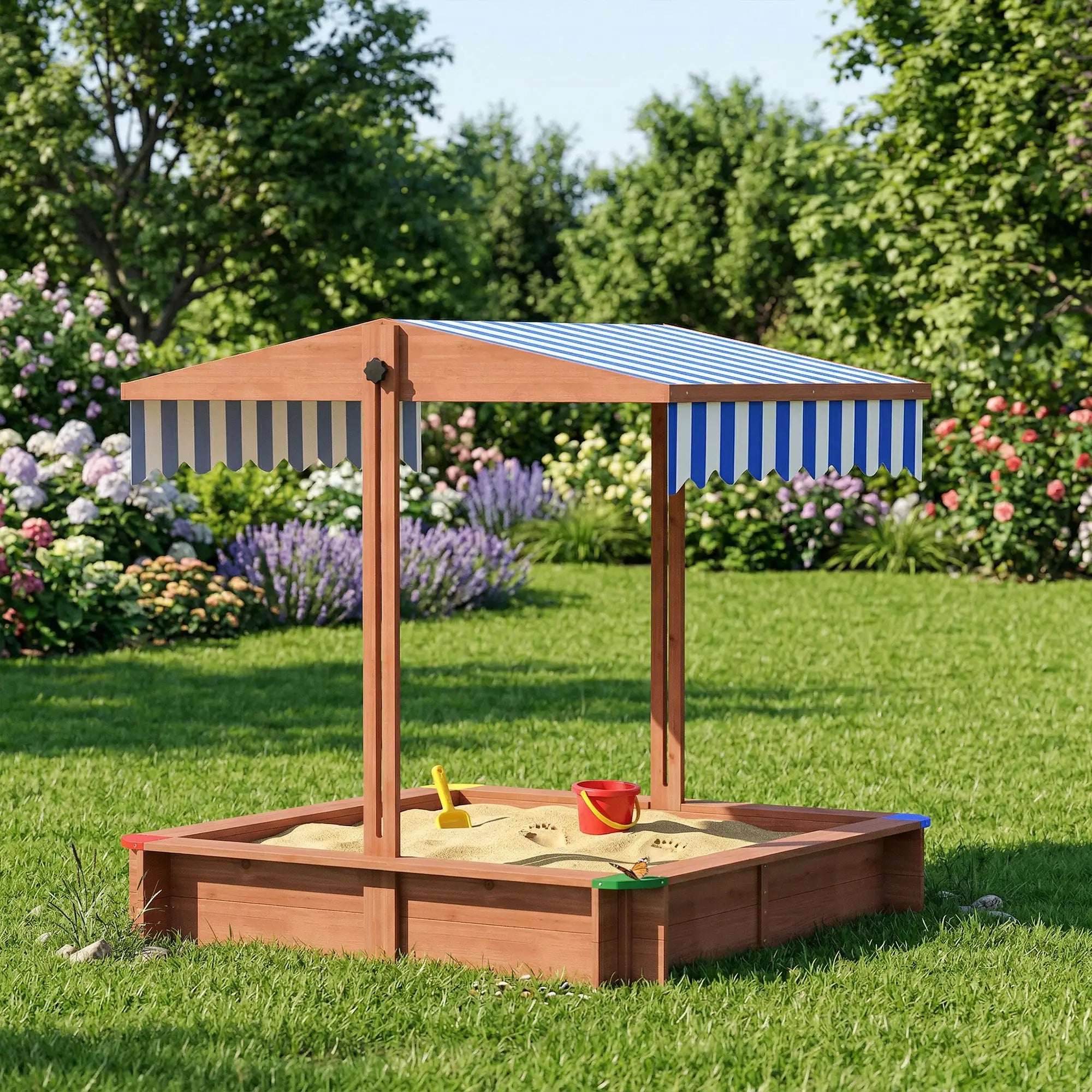 Wooden Sandbox with Cover, Adjustable Canopy, Seats, Dark Brown Sandboxes & Accessories at Gallery Canada