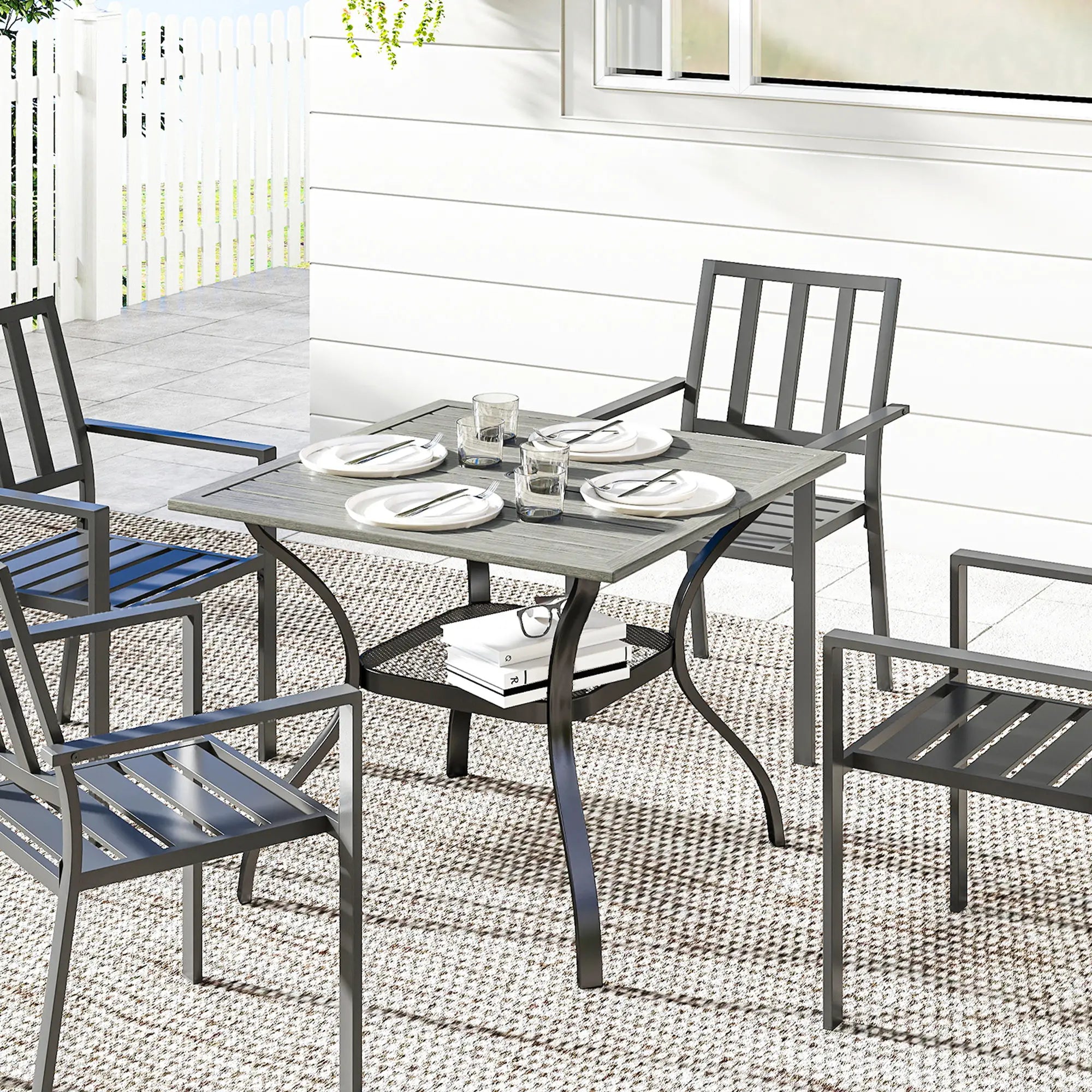 Square Patio Table With Umbrella Hole, Shelf, Slatted Faux Wood Steel Top, Grey Patio Dining Tables at Gallery Canada