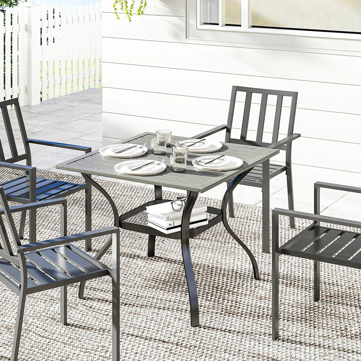 Square Patio Table With Umbrella Hole, Shelf, Slatted Faux Wood Steel Top, Grey Patio Dining Tables at Gallery Canada