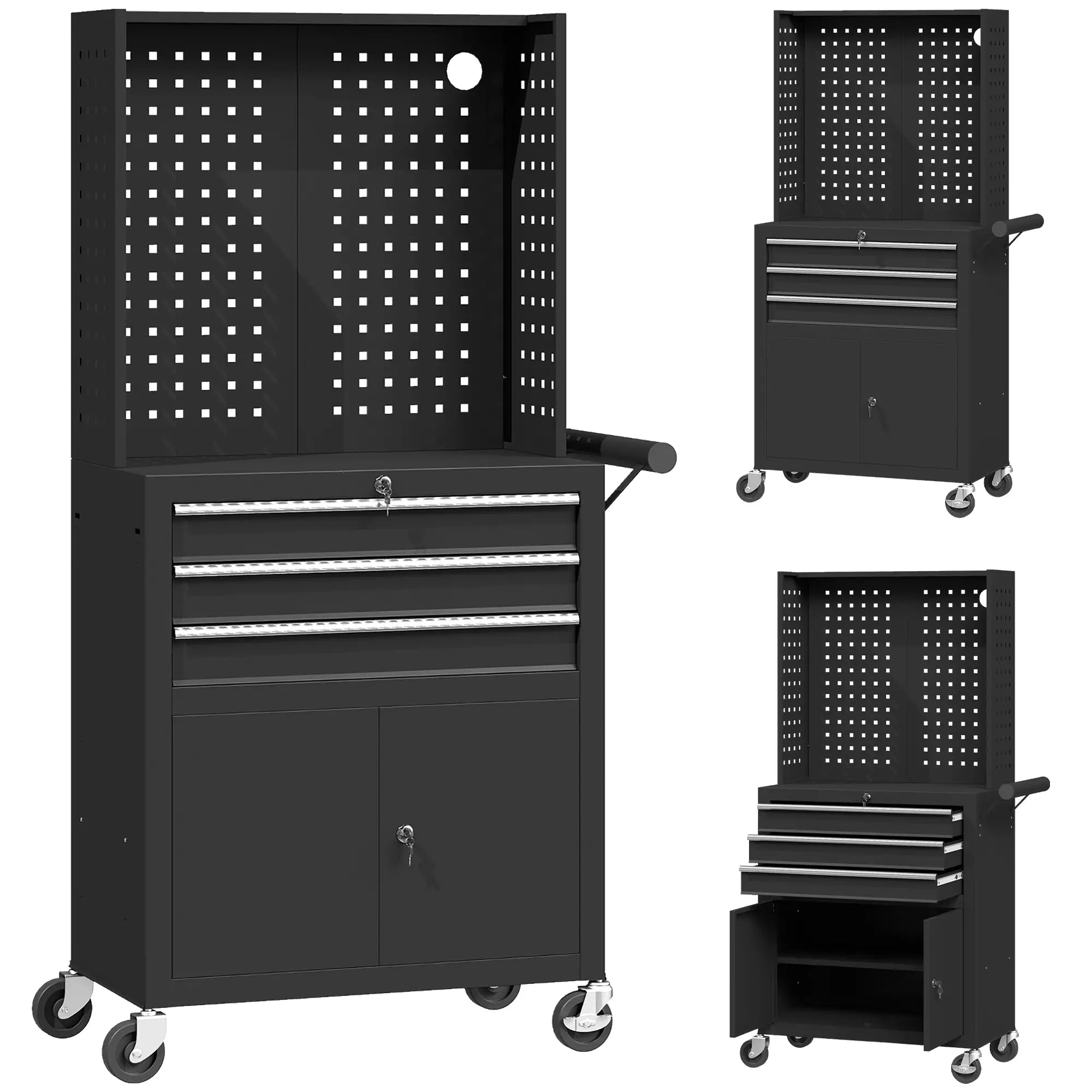 Rolling Tool Cabinet with Pegboard, Lockable Tool Chest, Mobile Tool Storage Organizer for Garage and Workshop, Black Tool Organizers Black at Gallery Canada