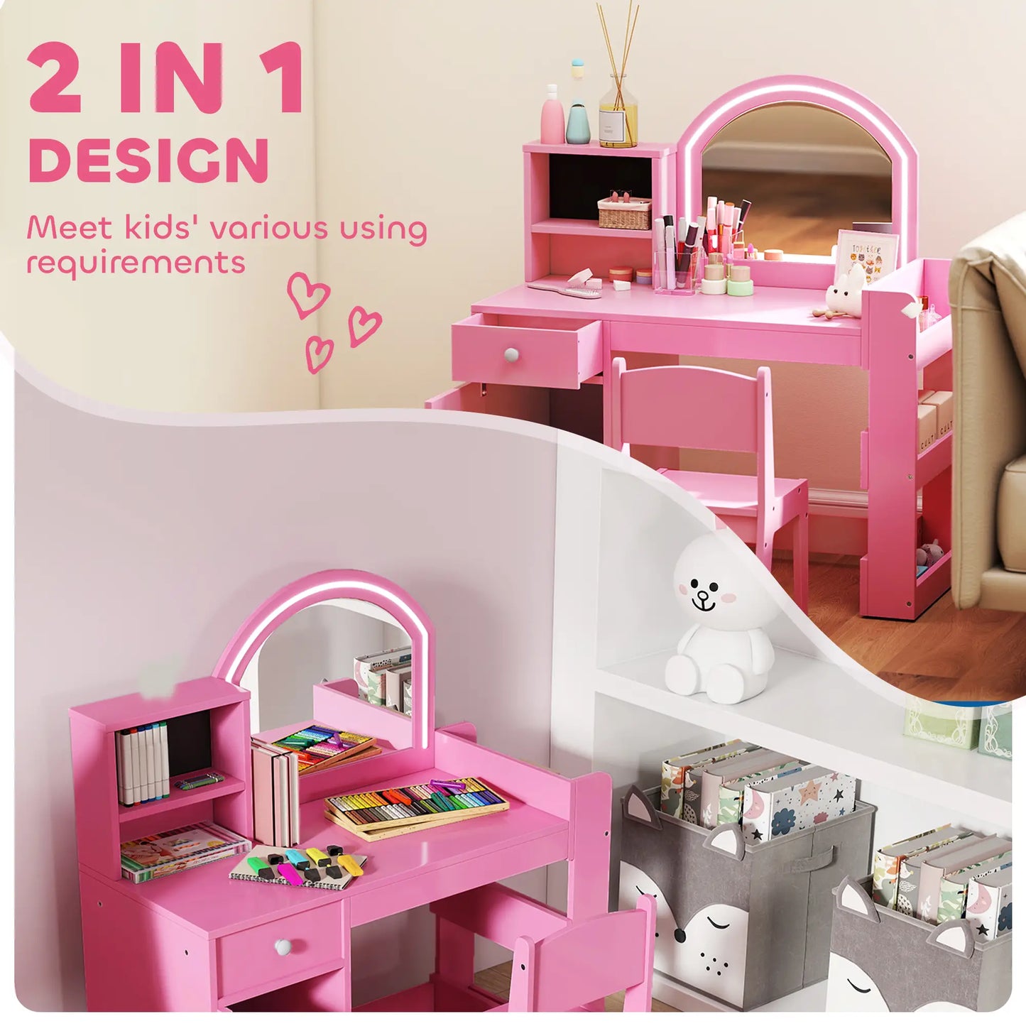 Kids Vanity Set, Toddler Dressing Table and Chair, Lighted Mirror, Pink Toy Vanity at Gallery Canada