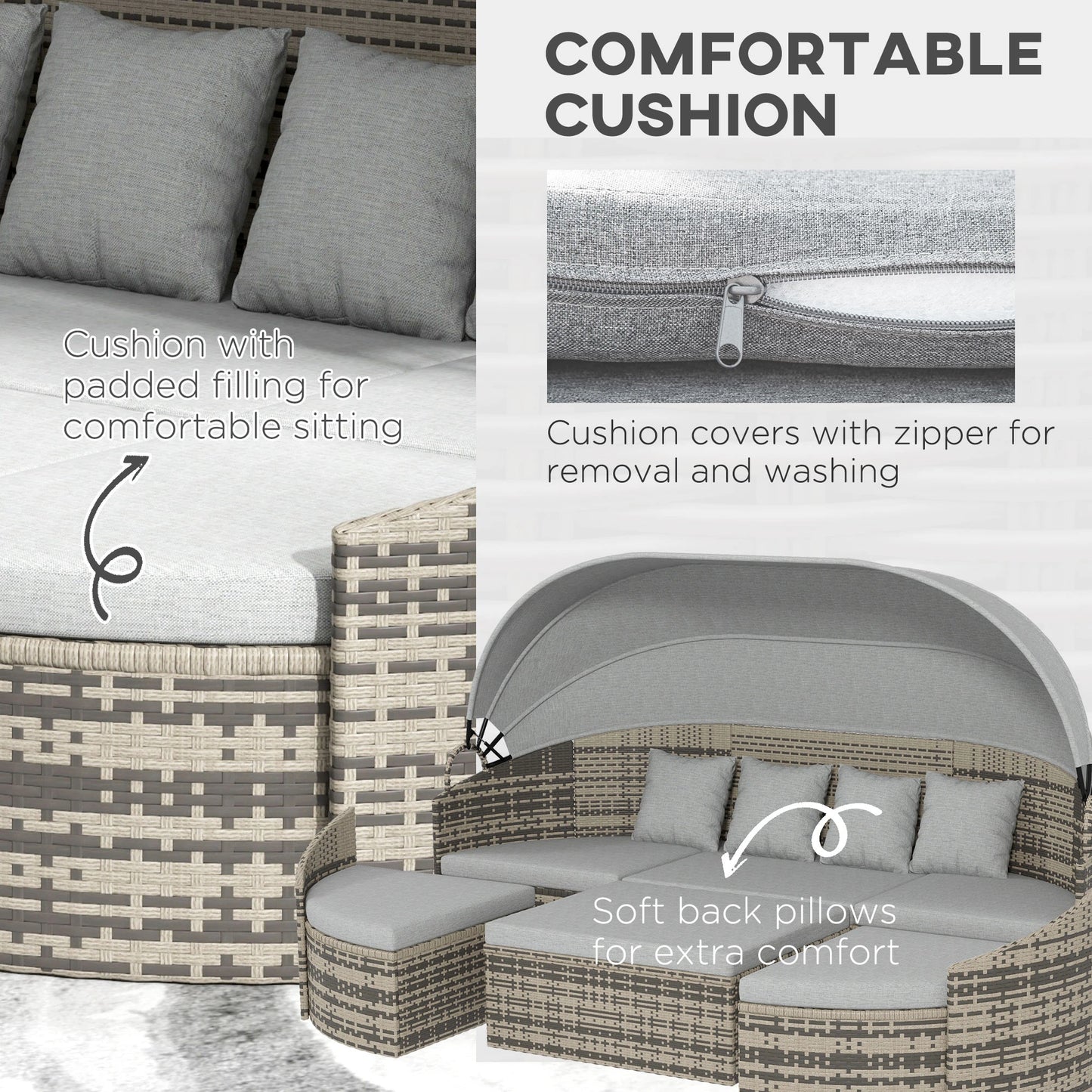 4-Piece PE Wicker Round Daybed, Outdoor Rattan Lounge Set, Light Grey Daybeds at Gallery Canada