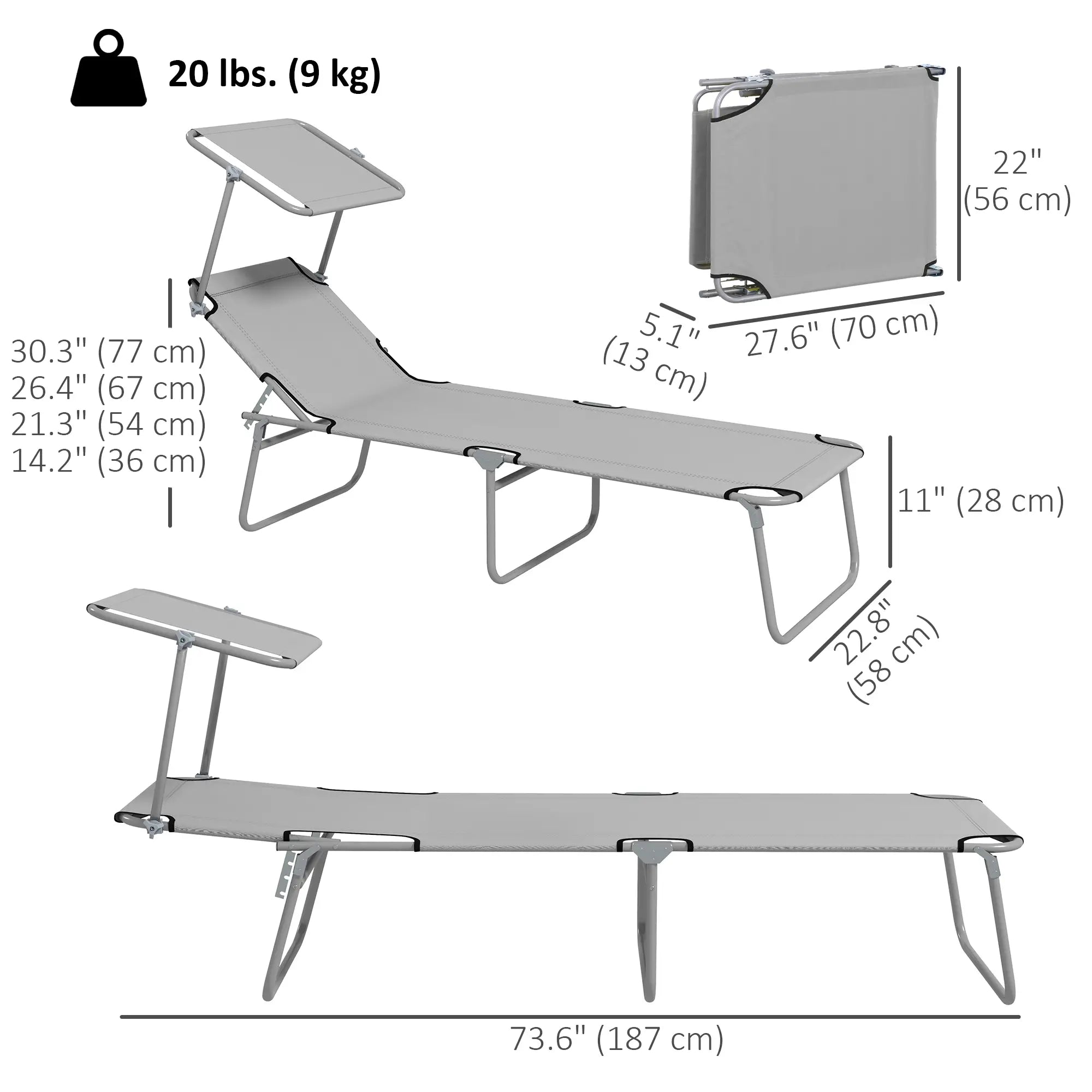 Outdoor Lounge Chair, Adjustable Folding Chaise With Sun Shade, Light Grey Lounger Chairs at Gallery Canada
