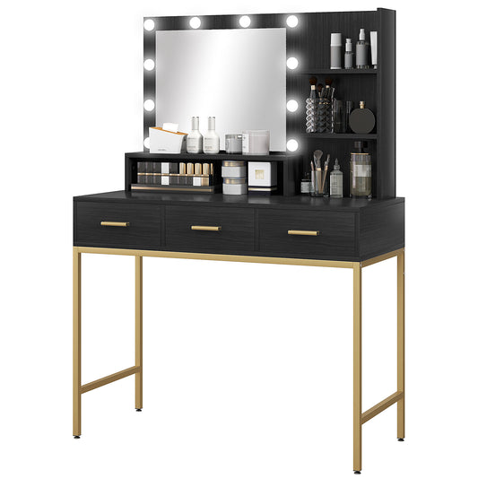 Illuminated Dressing Table, LED Vanity Table with Mirror, 3 Drawers and Storage Shelves for Bedroom, Black - Gallery Canada