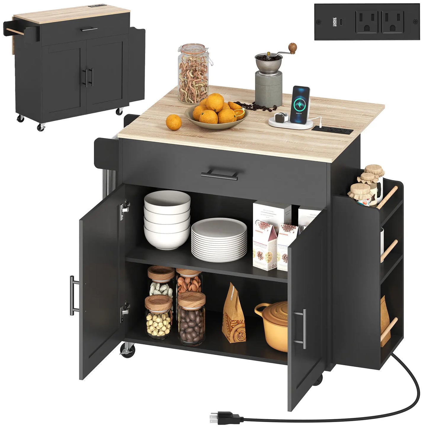 Kitchen Island with Storage, Rolling Cart, Foldable Drop Leaf, Power Outlet, USB Ports, Black Kitchen Islands & Kitchen Carts at Gallery Canada