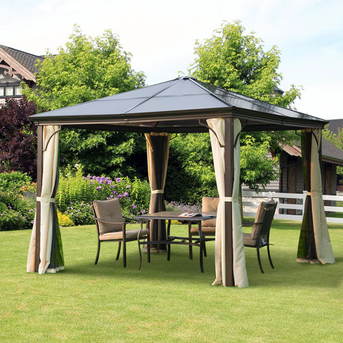 10x10 Ft Hard Top Gazebo, Heavy Duty Canopy, Sun Shade, Coffee, Beige